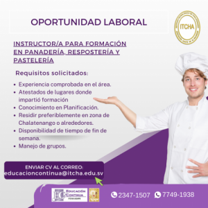 Instructor/a para formación en Panadería, Repostería y Pastelería