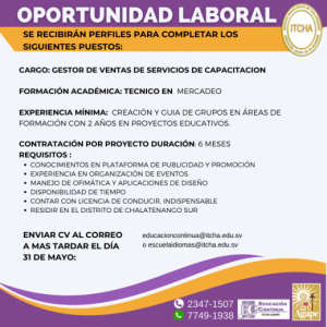 Oferta Laboral Gestor de Ventas de Servicios de Capacitación