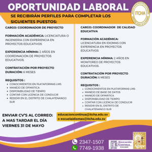 Oferta laboral Coordinador de Proyectos y Coordinador de Calidad 